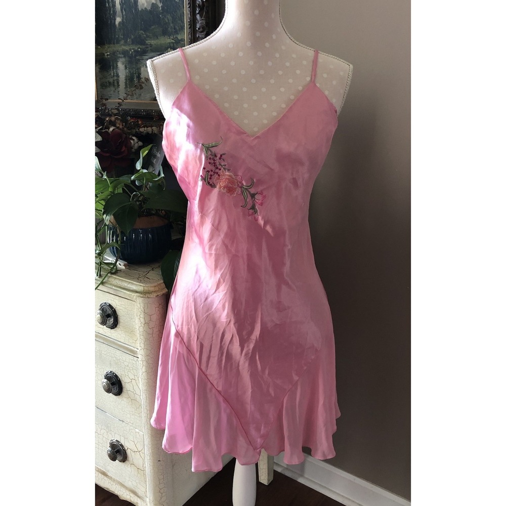 Vintage Babydoll Nighty Pink Satin Embroidered Flowers Kim Rogers Women's M